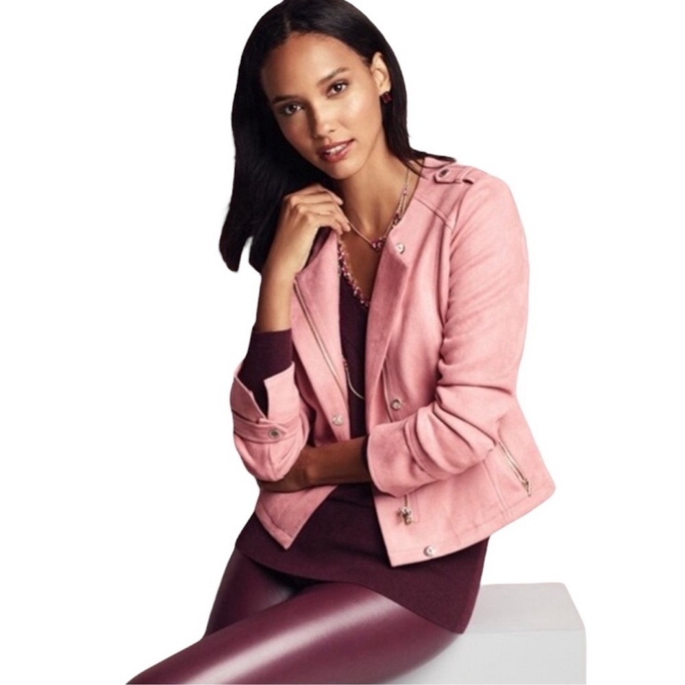 White House Black Market Jacket Vegan Suede Moto Pink Zip Sz Small - Picture 3 of 6